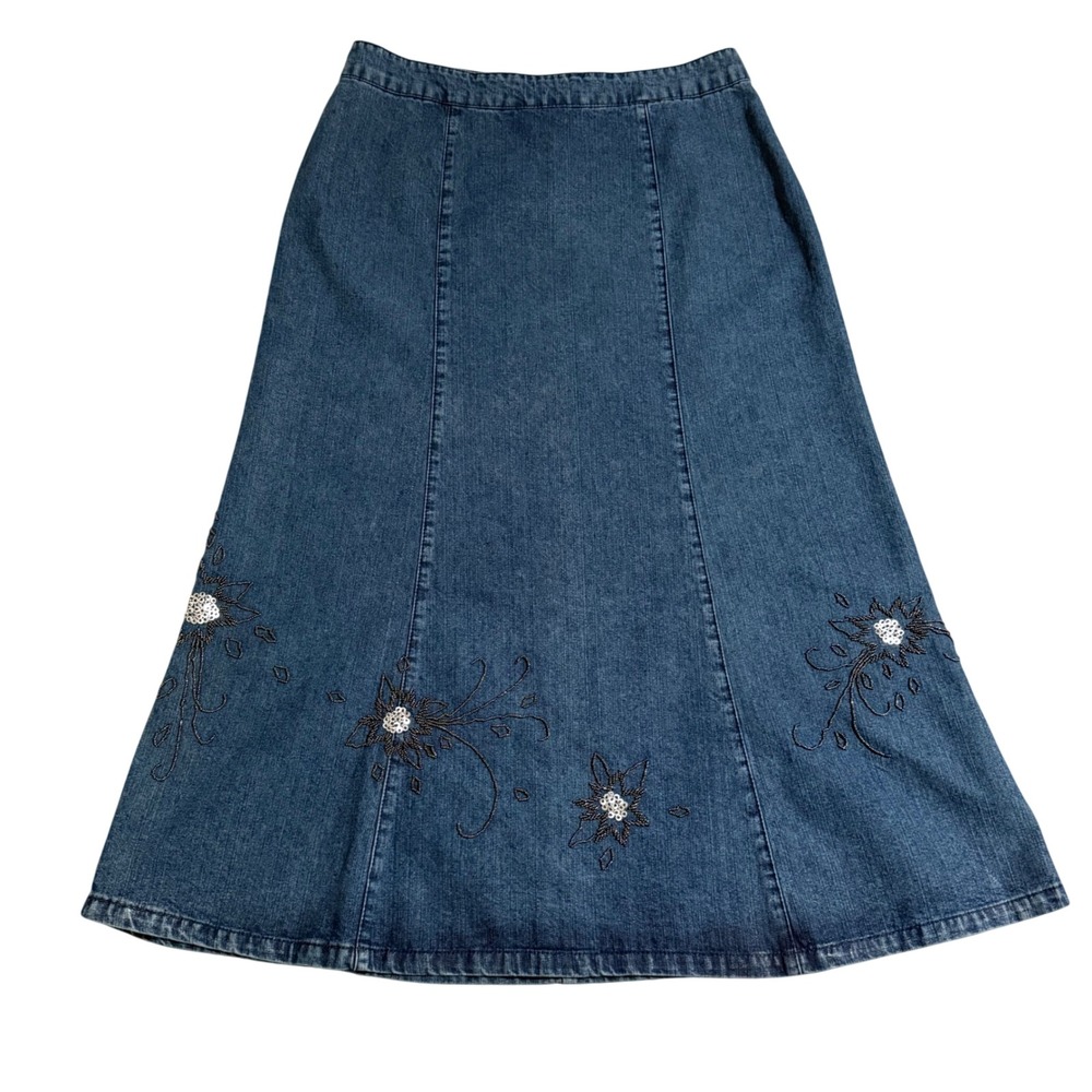 Vtg Christopher & Banks Embroidered Floral Sequin Maxi Denim Skirt 10 Western